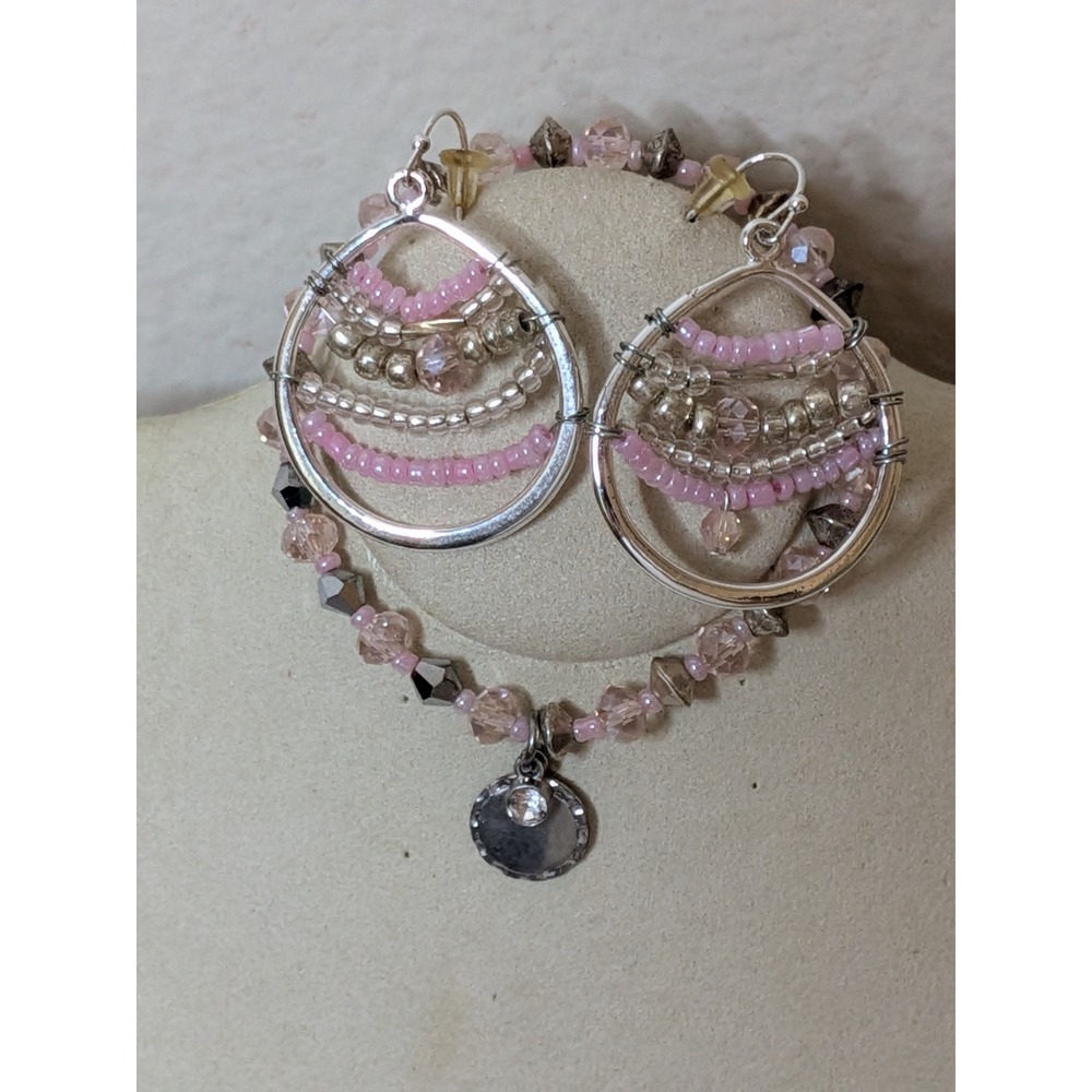 Beaded Stretch Bracelets and Hoop Earrings Set Pink and Silver Tone Charm Dangle